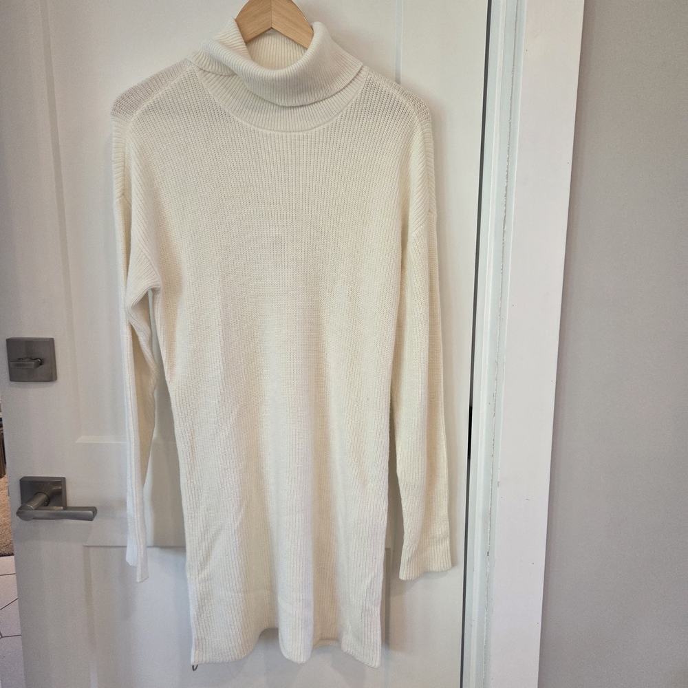 Bar III Cream Turtleneck Sweater Dress Midi Ribbed Zip Side Slits Boho Cozy M